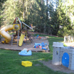 A playground with slides and other toys in the yard.